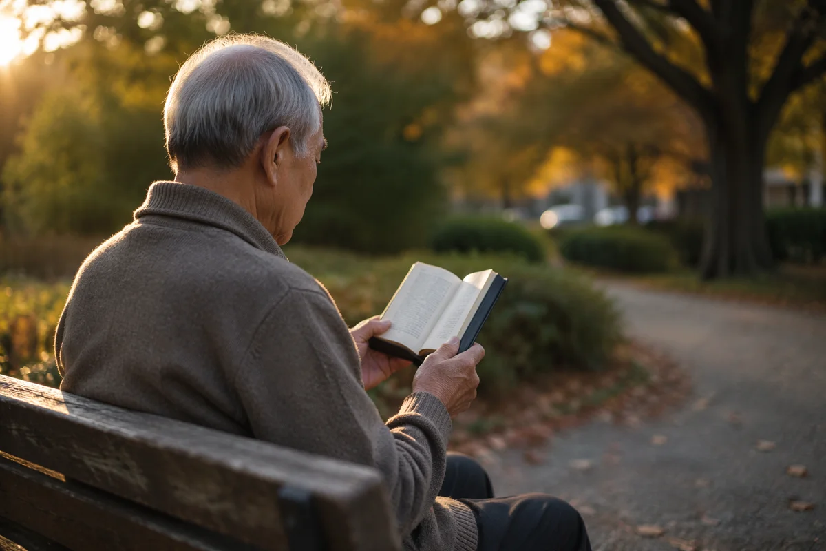 Elderly Asian Man Reading Bible in Park