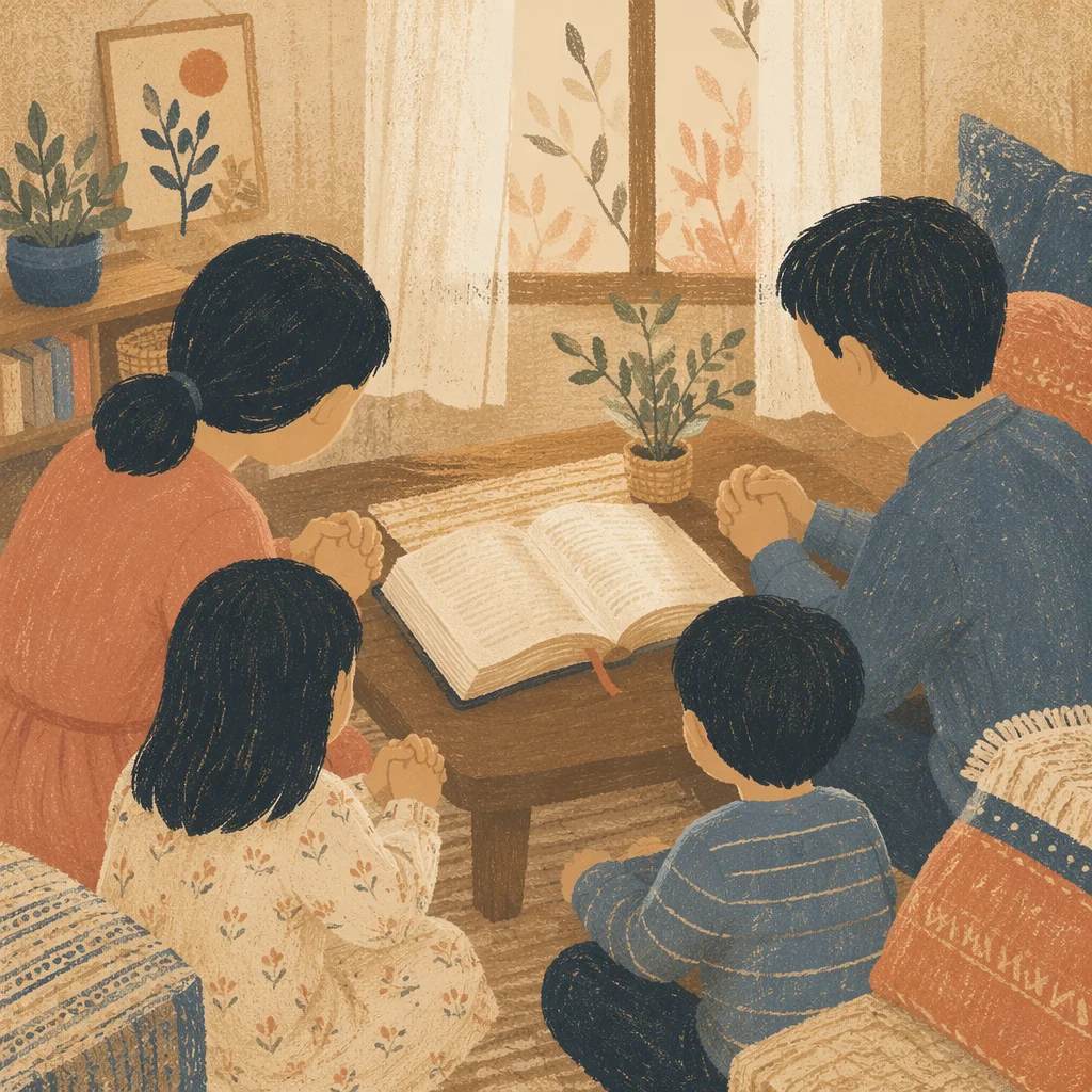 Asian Family Gathered Around Open Bible