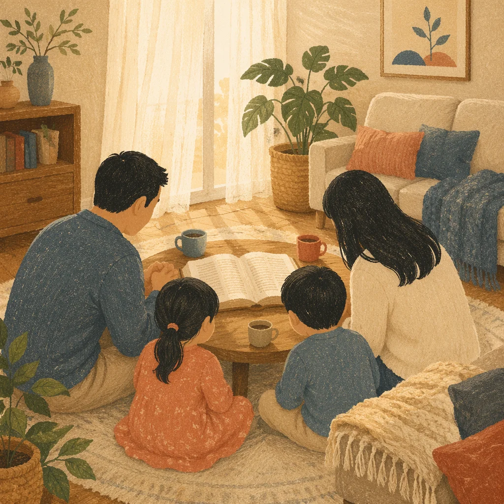 Asian Family Gathered Around Open Bible