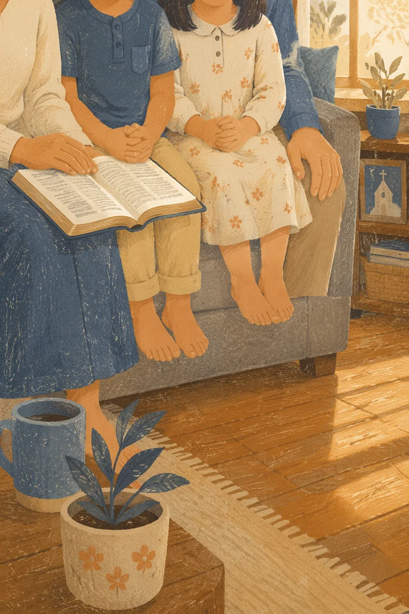 Asian Family Reading Bible in Living Room