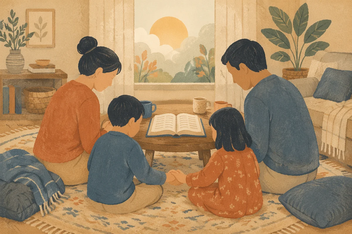 Asian Family Gathered Around Open Bible