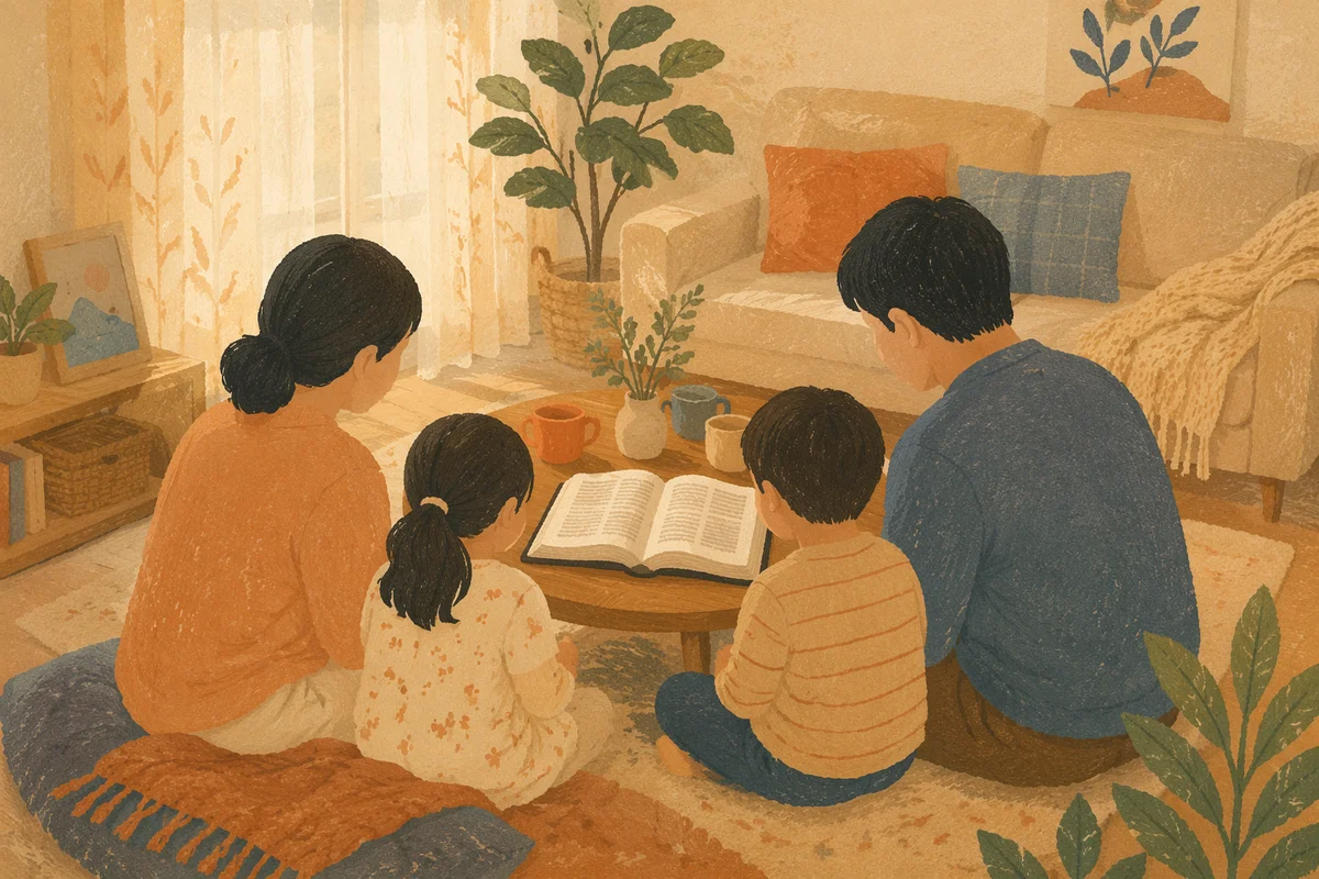 Asian Family Reading Together in Living Room