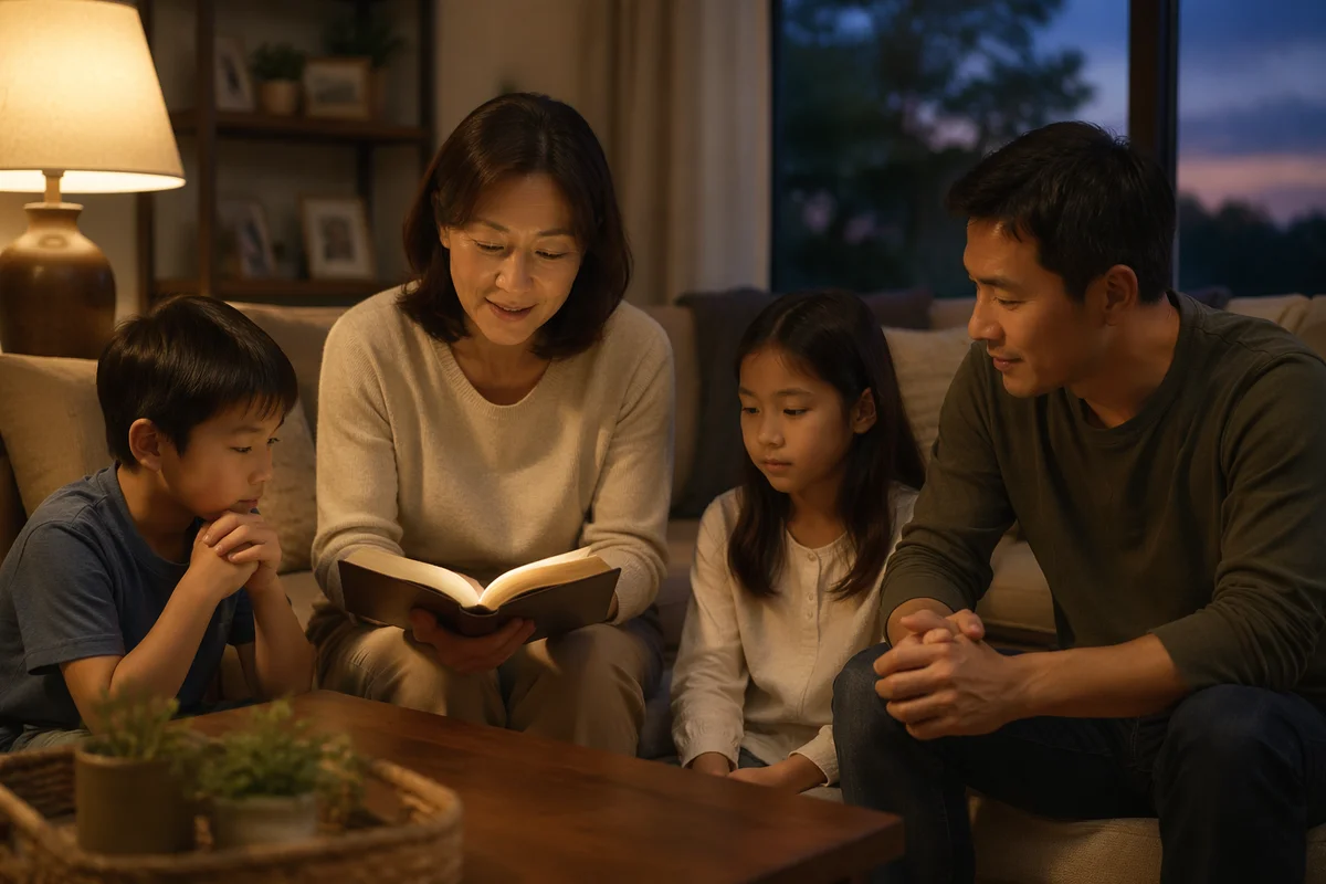 Asian Family Reading Together in Living Room
