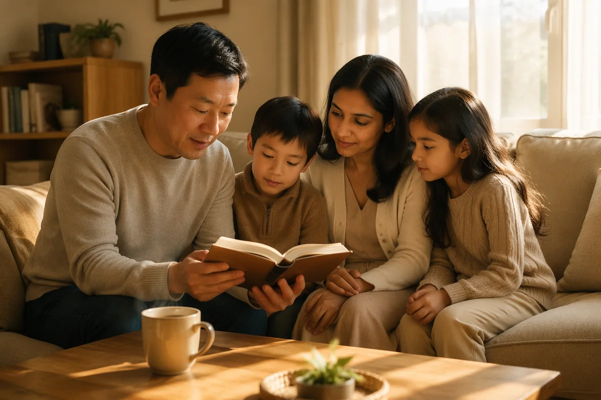 Asian Family Reading Together in Living Room