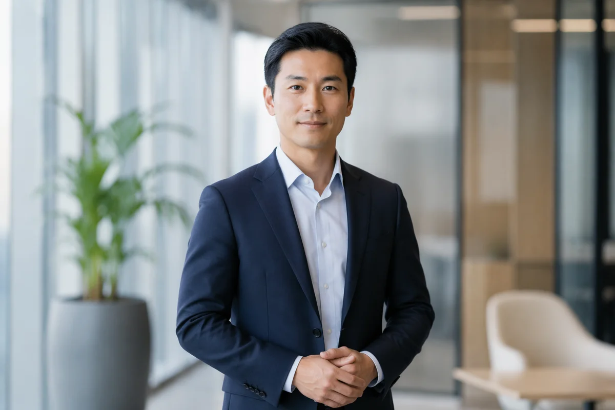 Confident East Asian Man in Modern Office