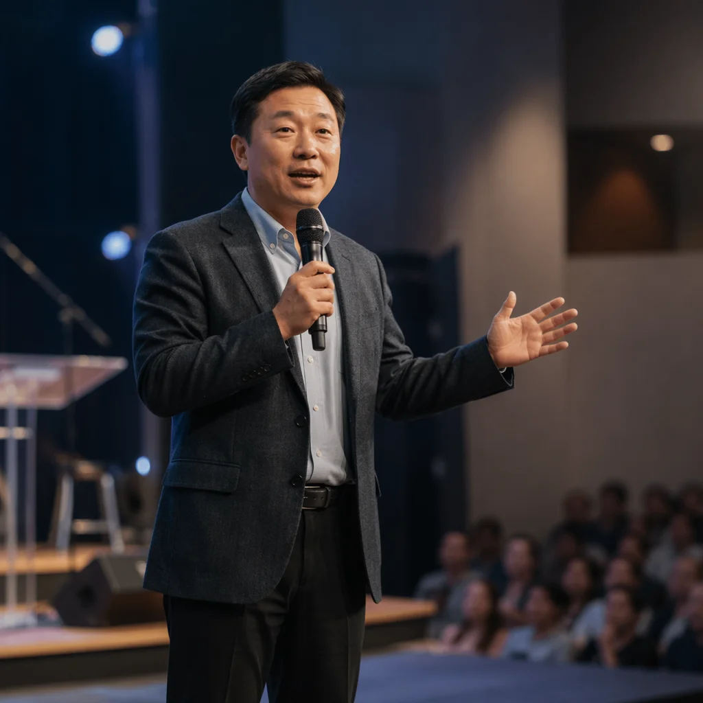Asian Pastor Preaching on Modern Church Stage