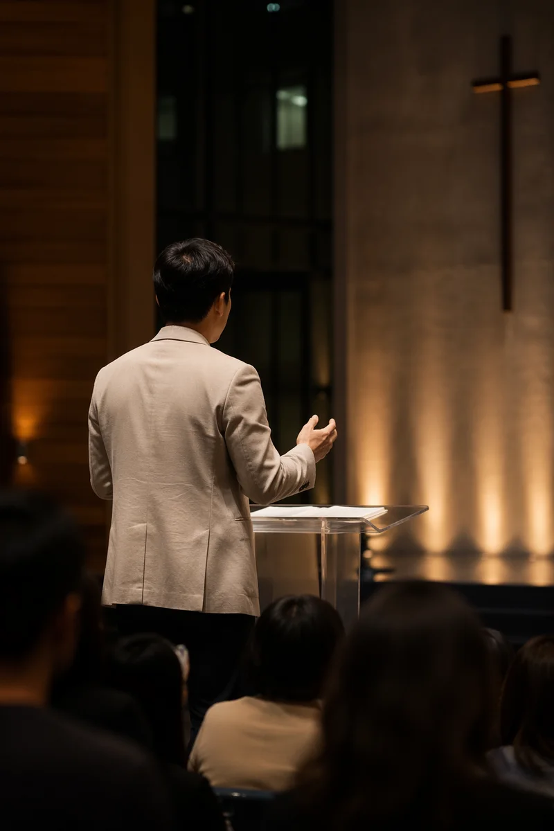 Asian Pastor Preaching on Modern Church Stage