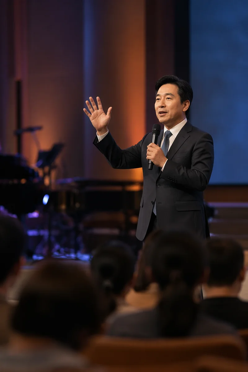 Asian Pastor Preaching on Modern Church Stage