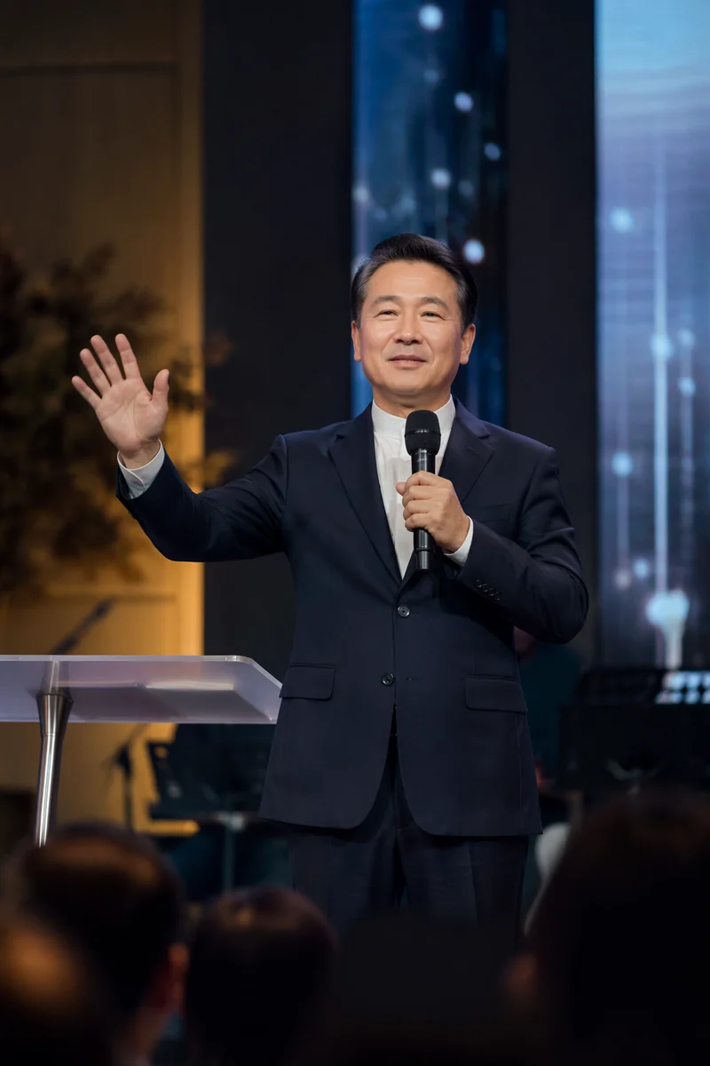 Asian Pastor Preaching on Modern Church Stage