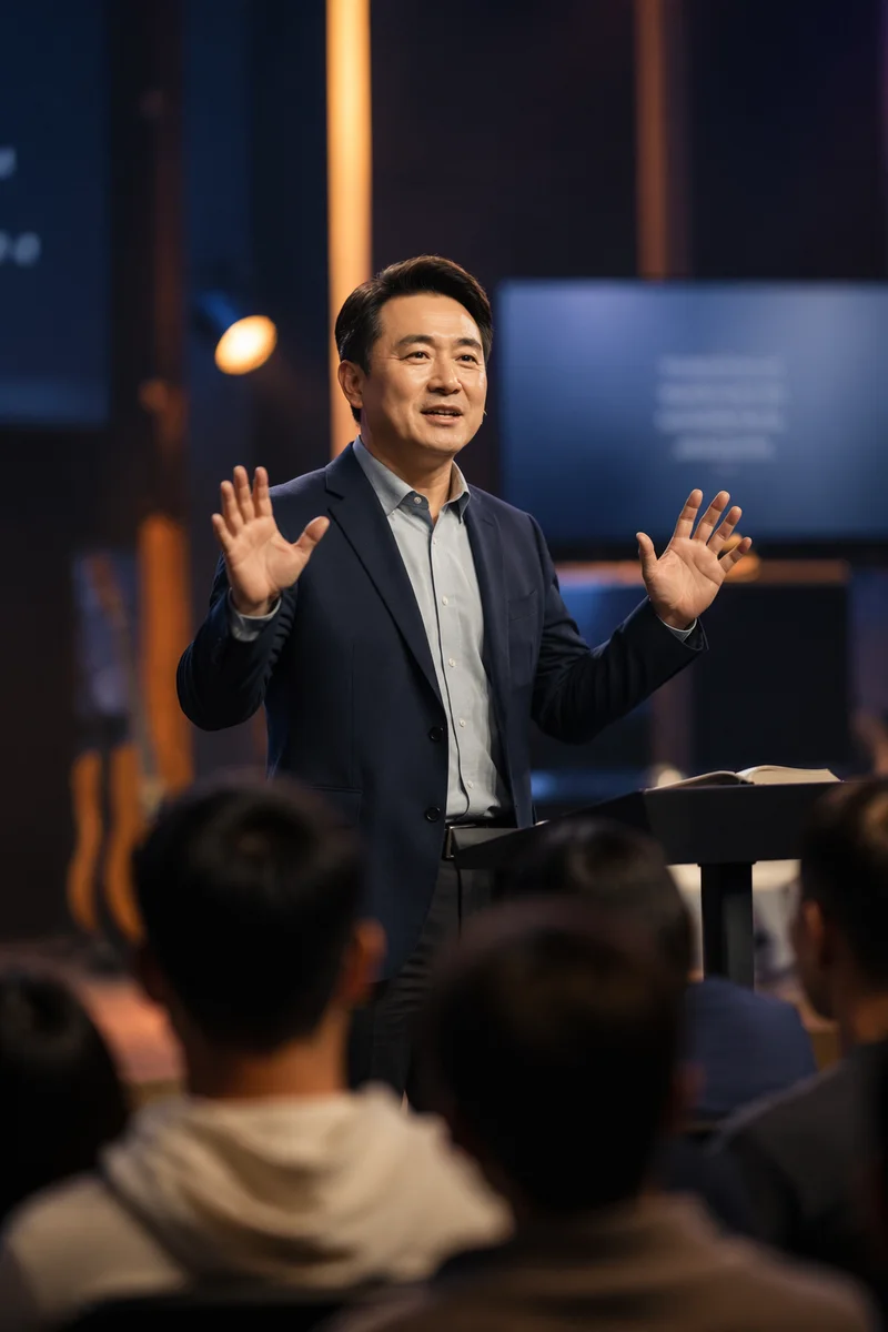 Asian Pastor Speaking on Modern Church Stage