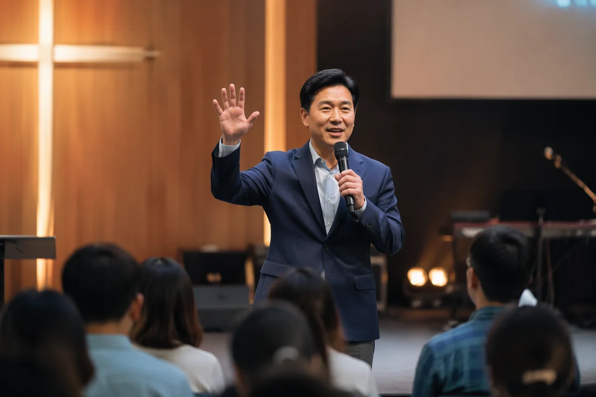 Asian Pastor Preaching on Modern Church Stage