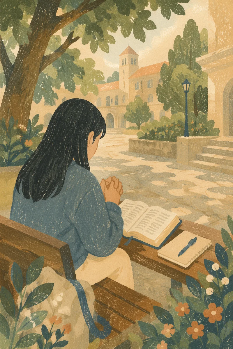 Asian Student Praying with Bible on Campus
