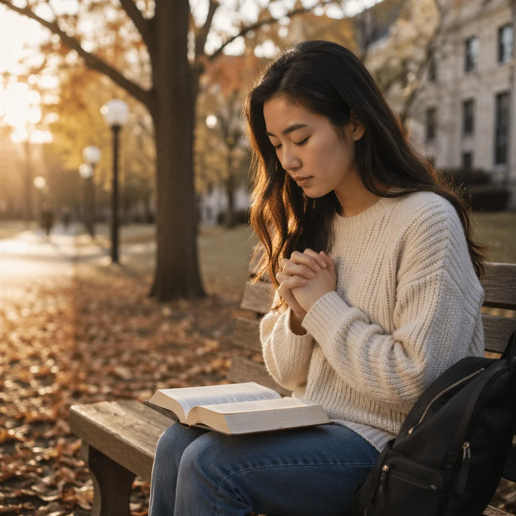 Asian University Student Praying With Bible