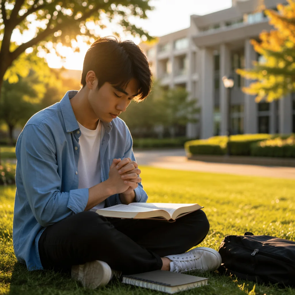 Asian University Student Praying at Sunrise