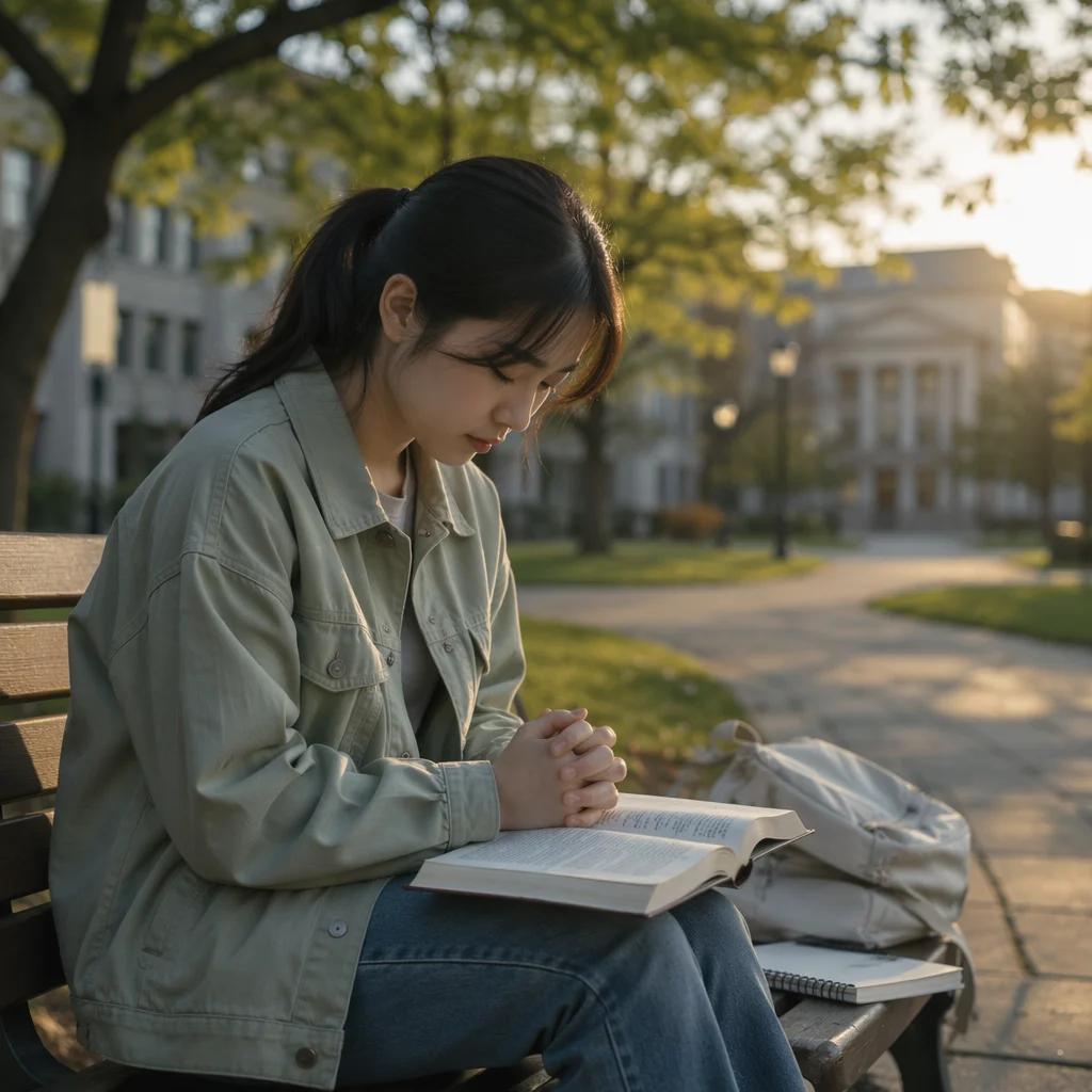 Asian University Student Praying on Campus Bench