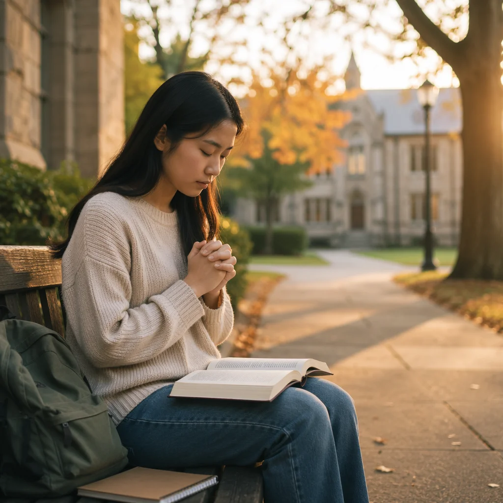 Student Praying on Campus Bench at Sunrise