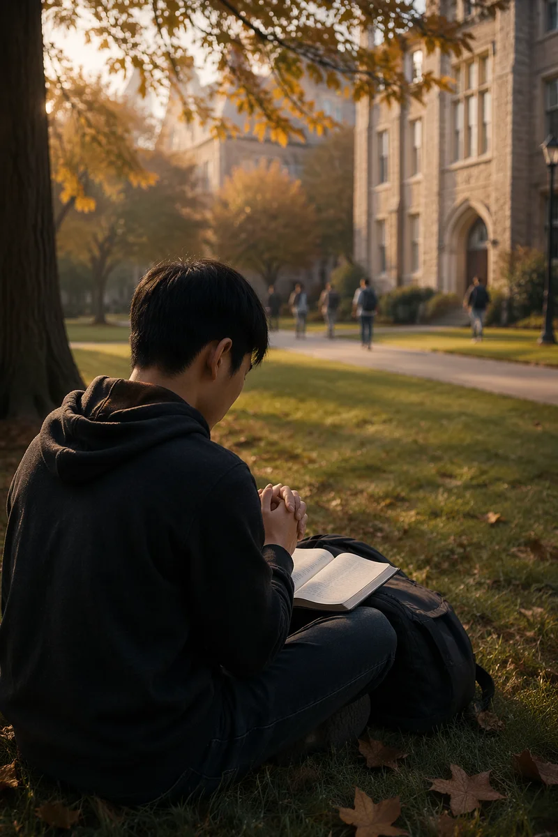 Asian Student Praying on University Campus
