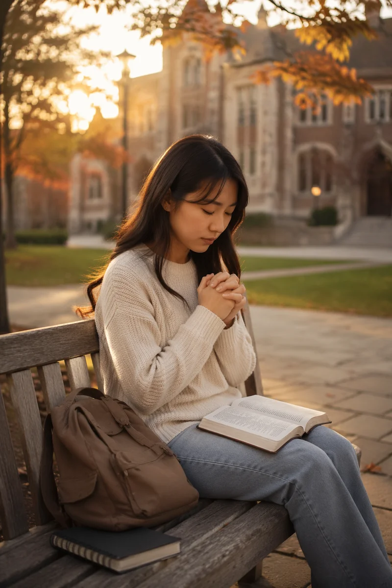 Young Student Praying on Campus Bench