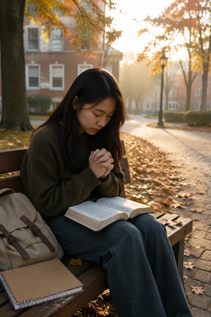 Praying Student on Autumn Campus Bench