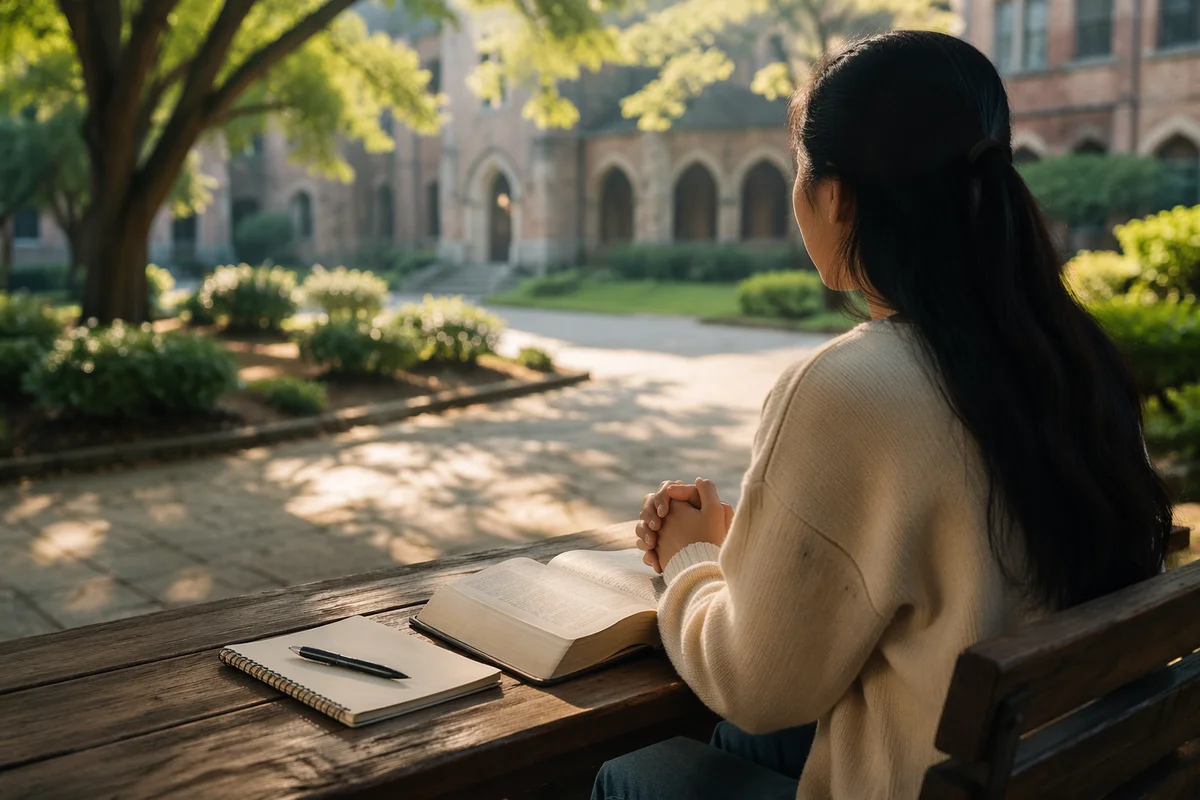 Asian Student Praying with Bible on Campus