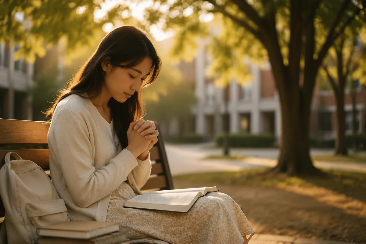 Asian University Student Praying on Bench