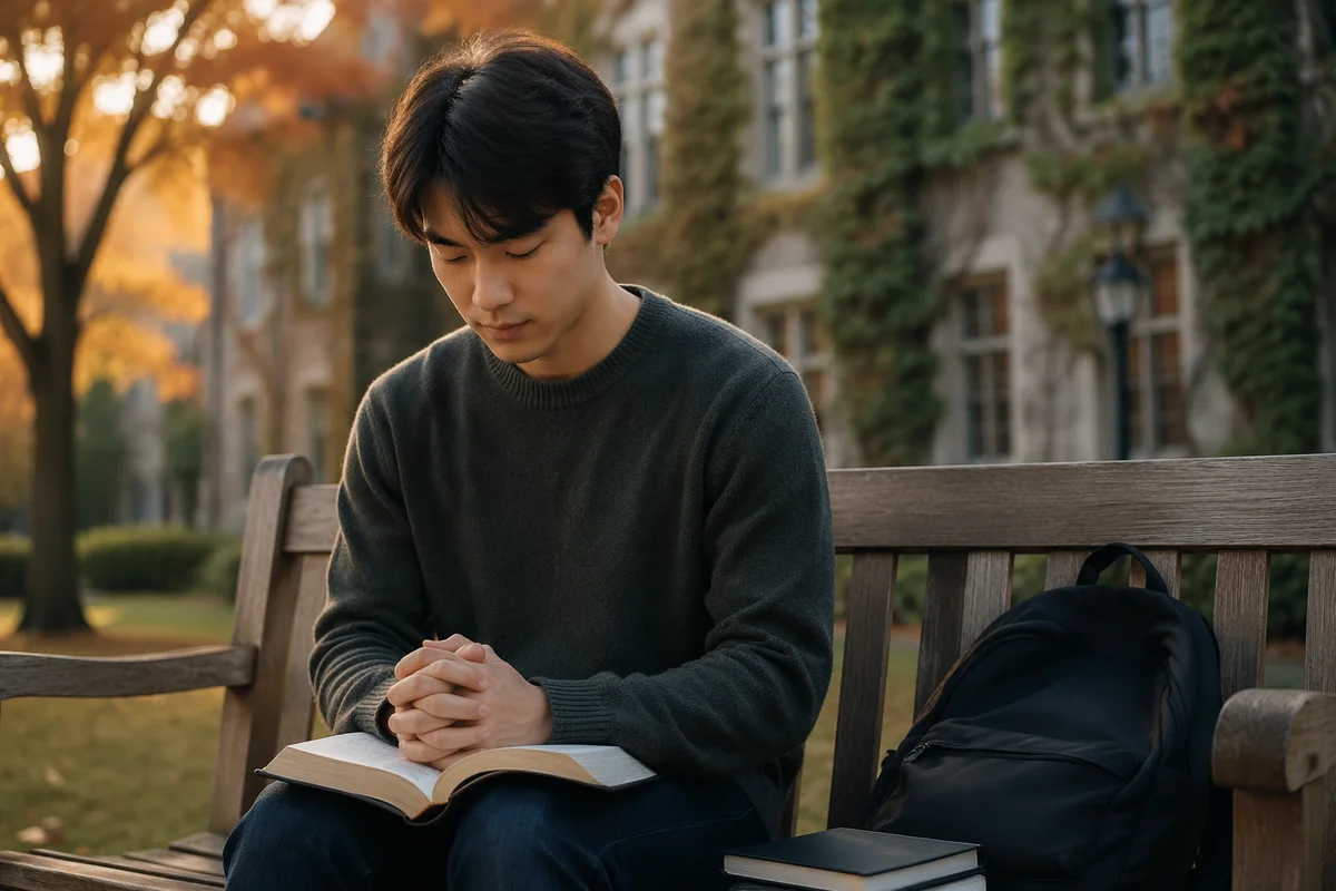 Young Student Praying on Campus Bench