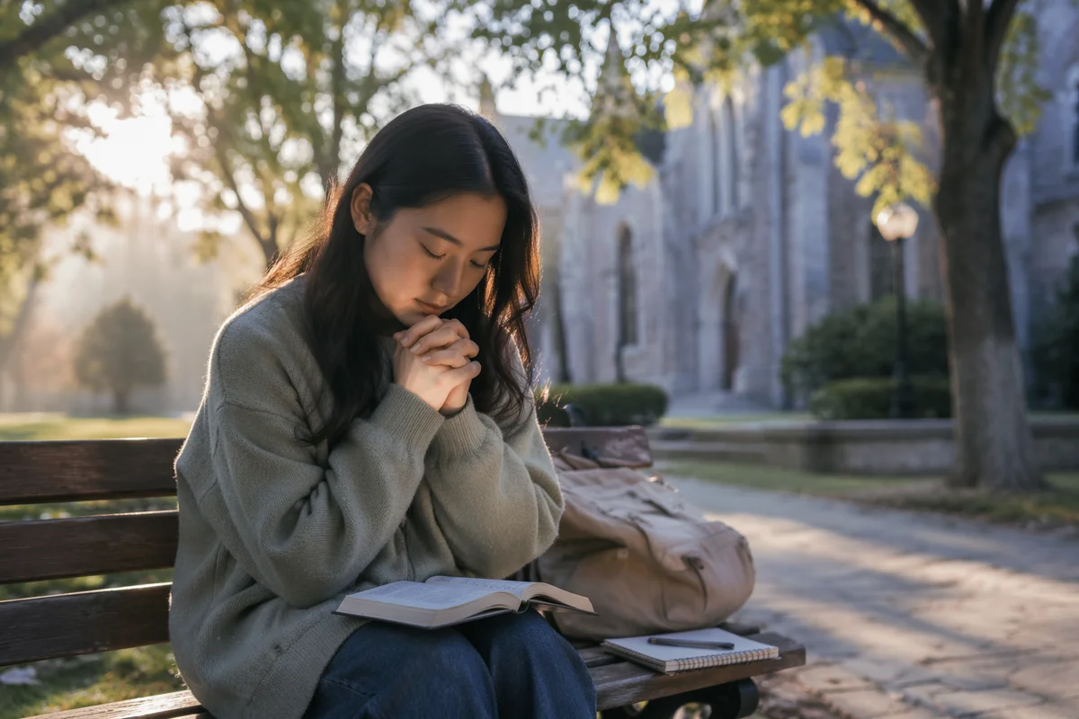 Young Student Praying on Campus Bench