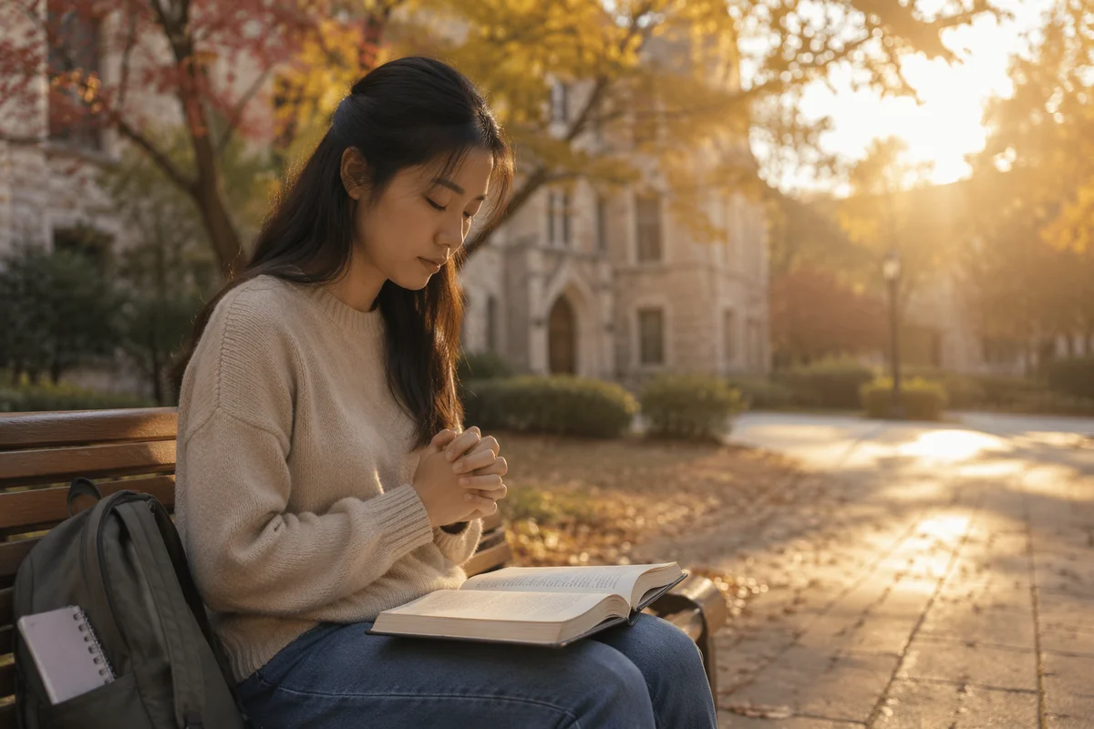 Student Praying on Campus Bench at Sunrise