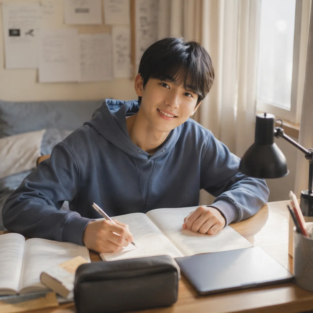 Asian Teenage Student at Bedroom Desk