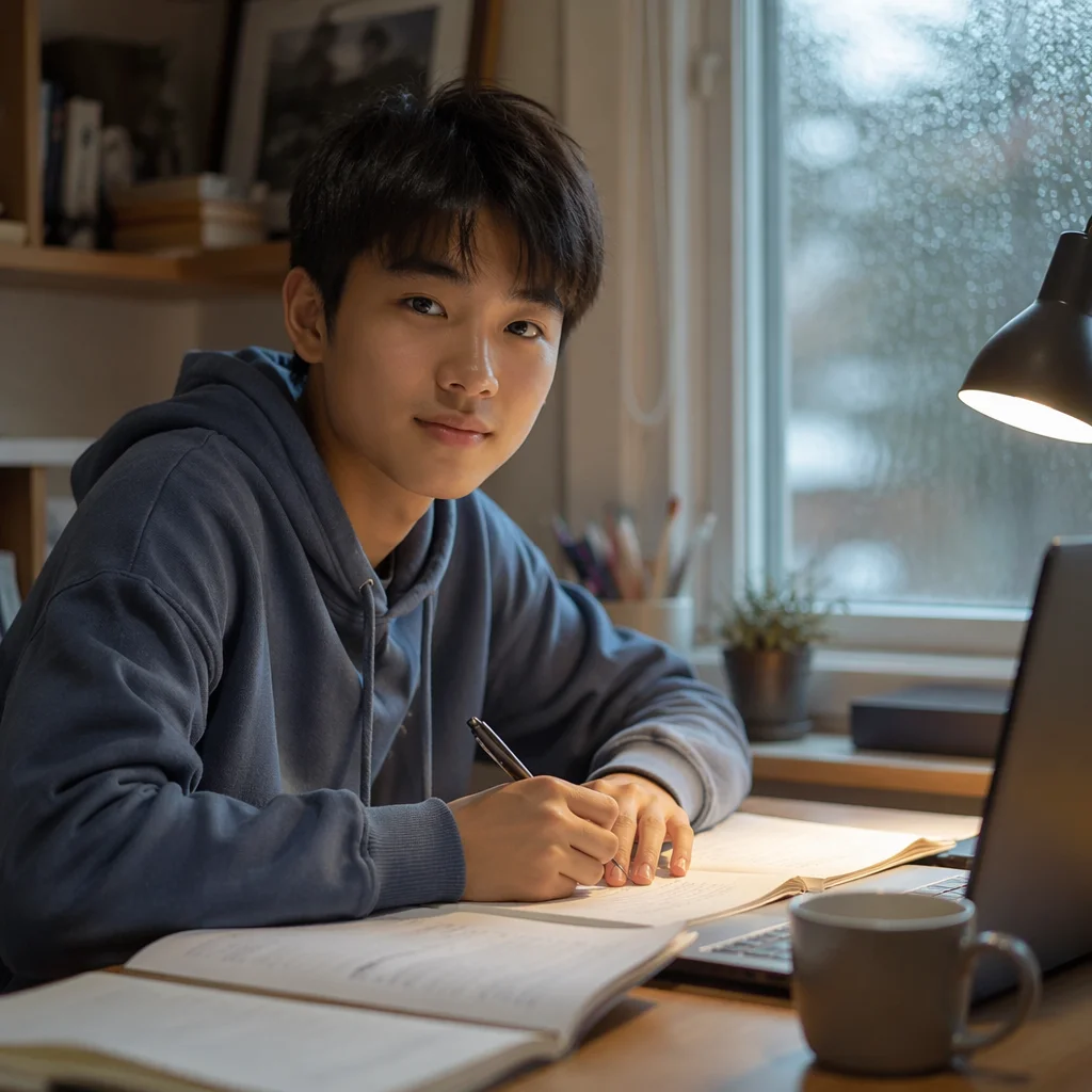Asian Teen Studying by Rainy Window