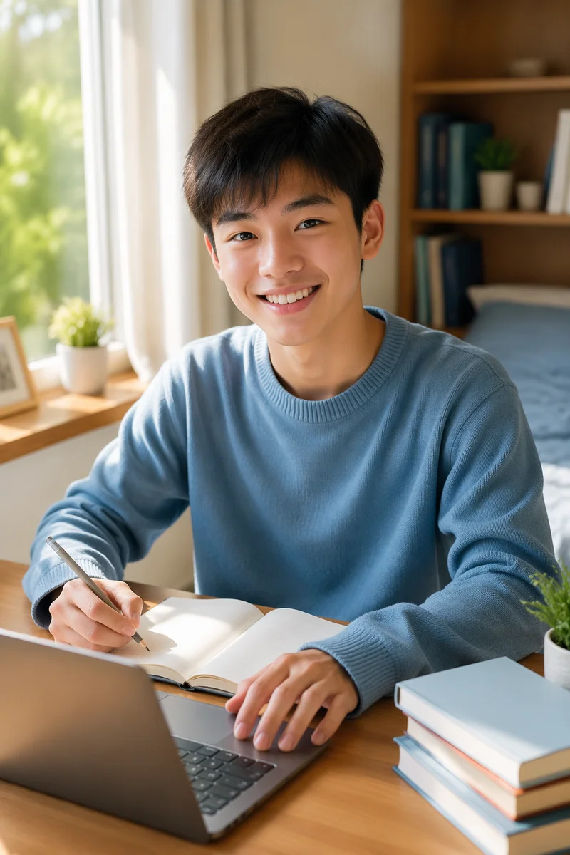 Friendly East Asian Teen at Desk
