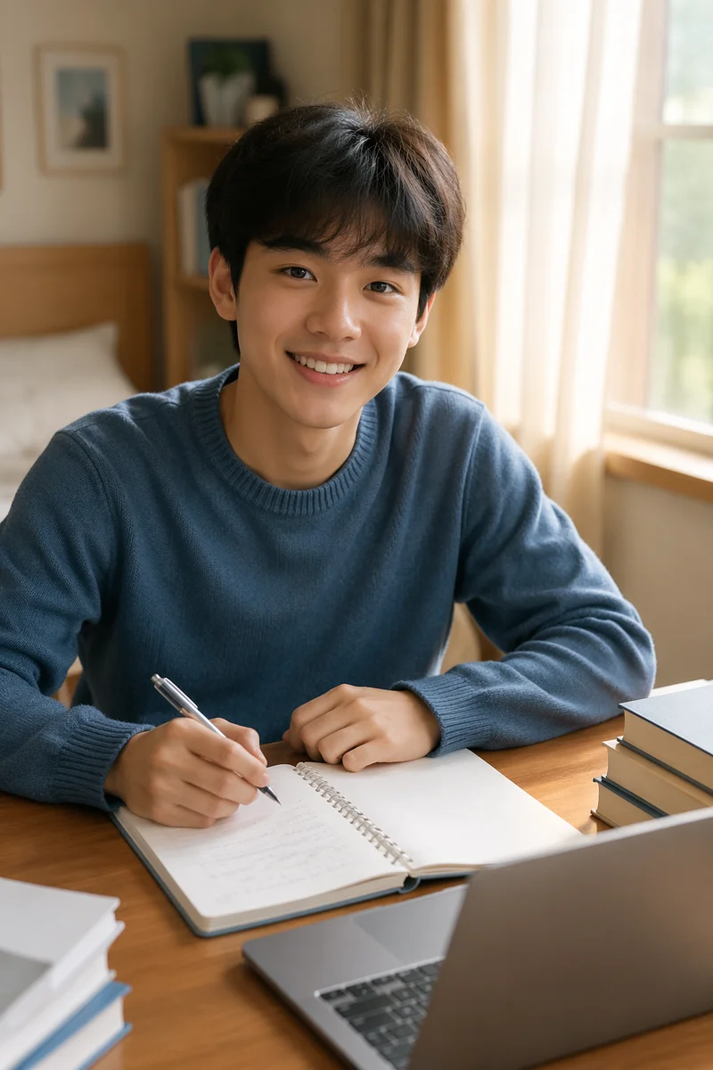 Friendly East Asian Teen Studying at Desk
