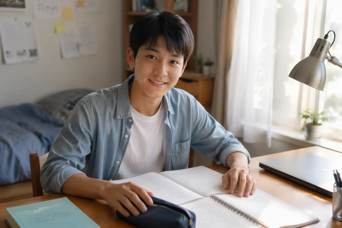 Friendly East Asian Teen Studying at Desk