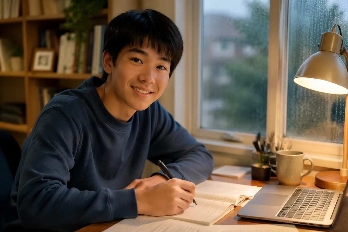 Asian Teen Studying by Rainy Window