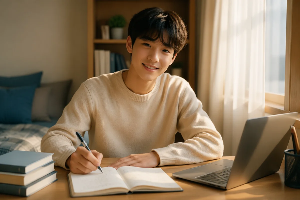 Friendly Asian Teen Studying at Desk