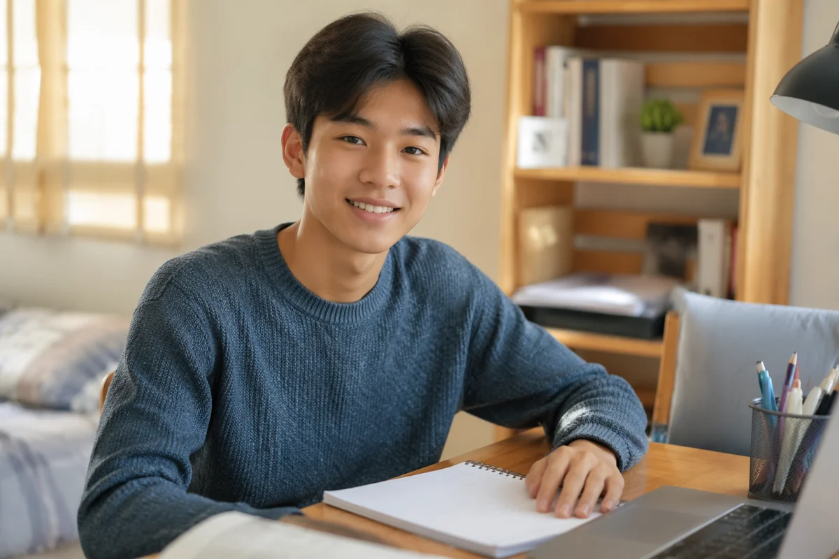 Asian Teenage Student at Sunlit Desk