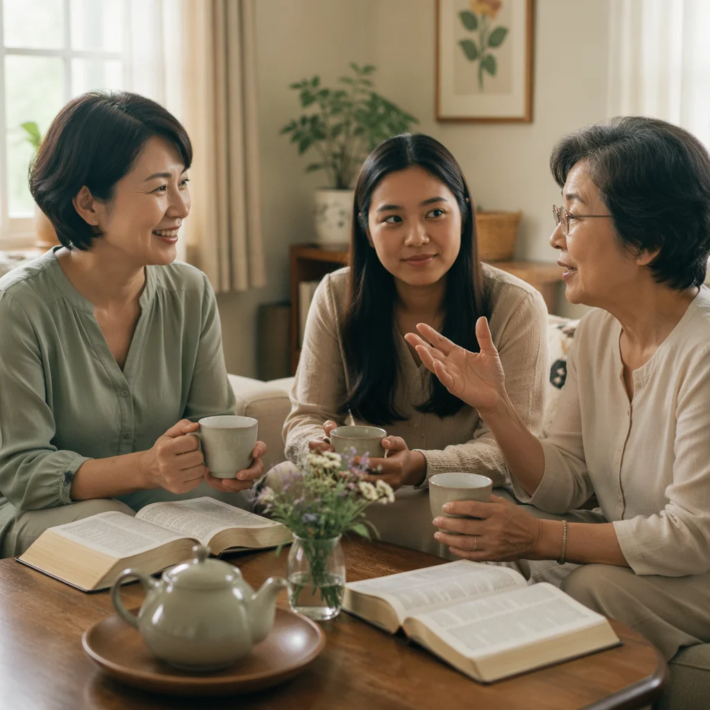Three Asian Women Sharing Tea Indoors