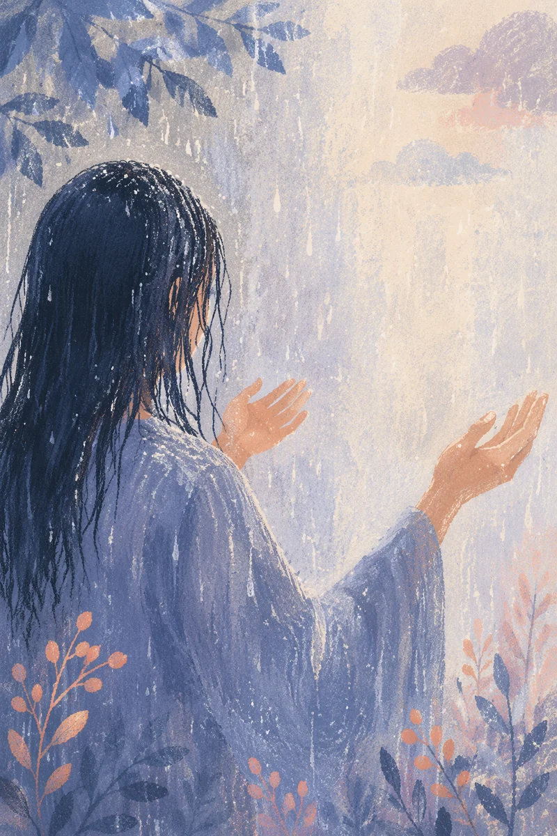 Asian Young Adult in Misty Rain