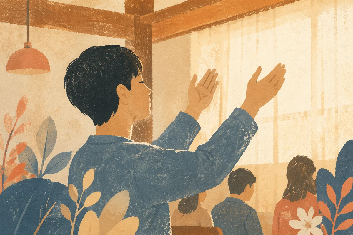 Young Adult with Raised Hands Indoors