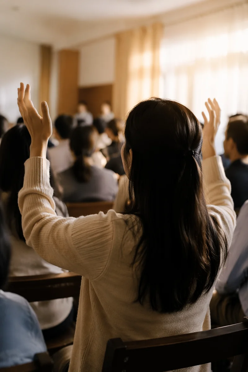 Young Adult with Raised Hands Indoors