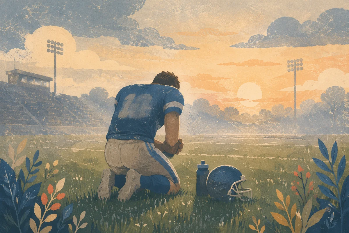 Athlete Kneeling in Prayer Before Game