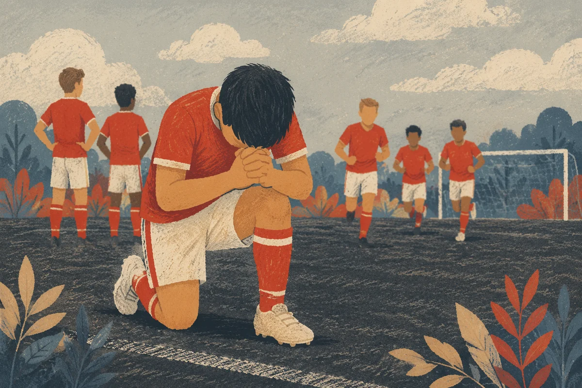 Soccer Athlete Kneeling in Prayer Before Match