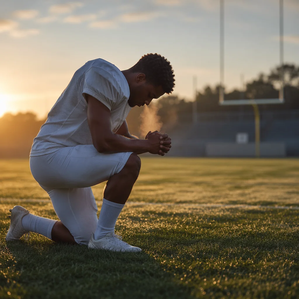 Athlete Kneeling in Prayer Before Dawn Game