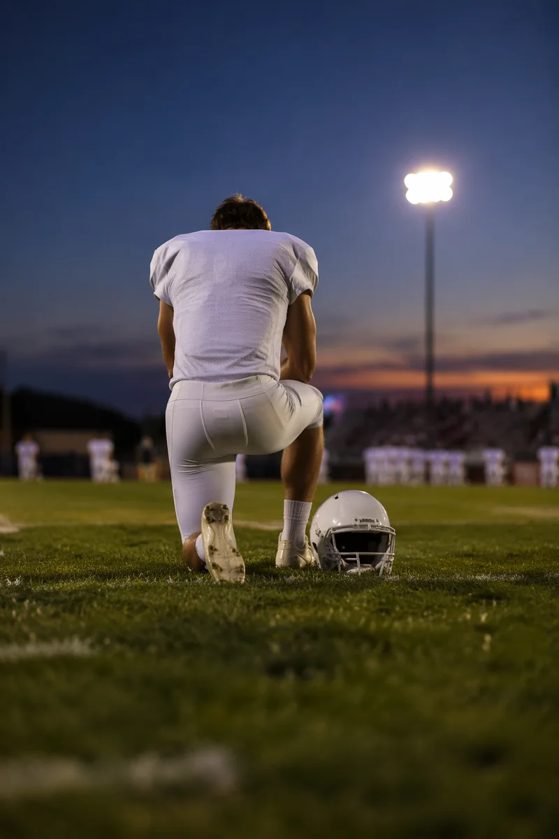 Athlete Kneeling in Prayer Before Game