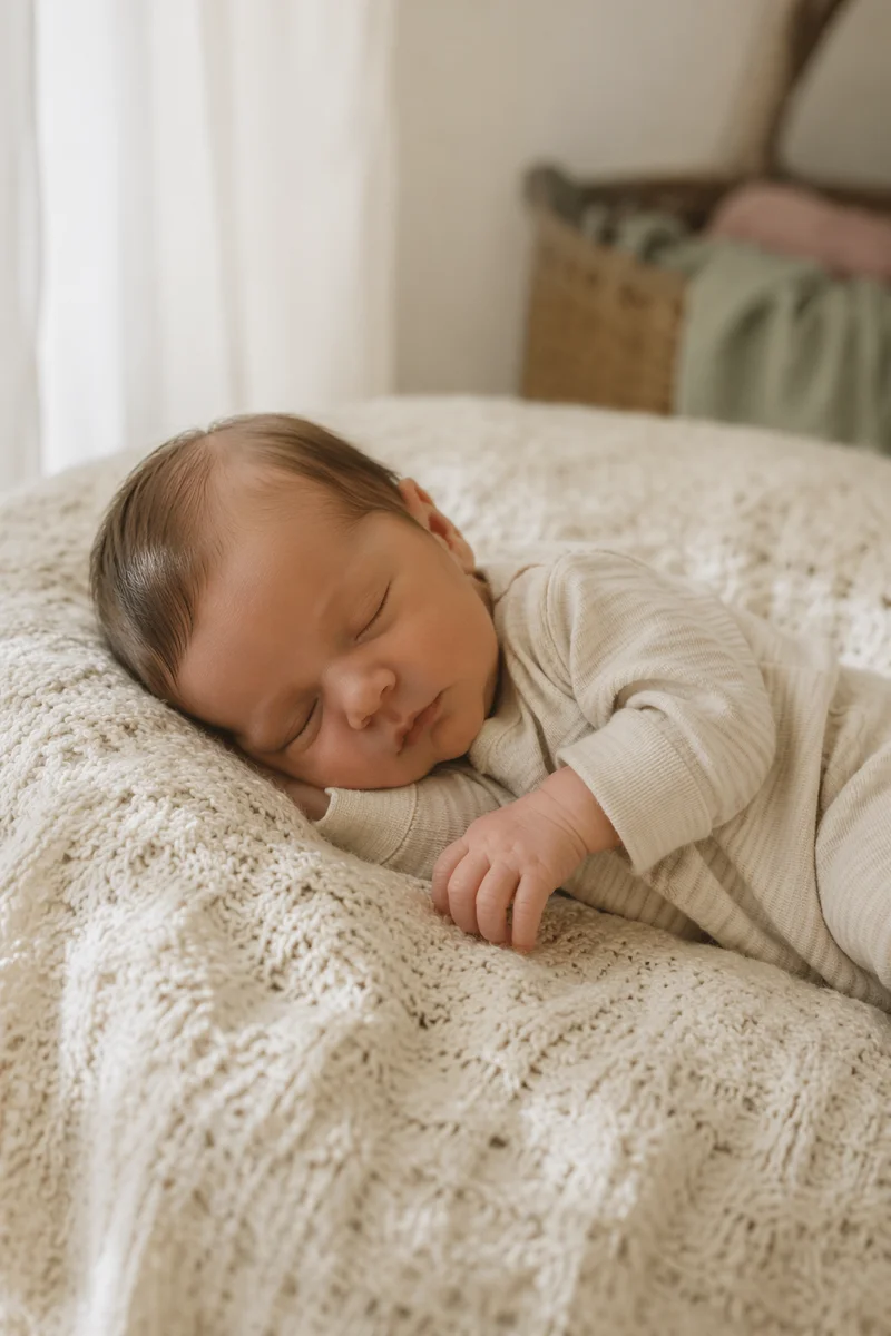 Sleeping Newborn on Knit Blanket