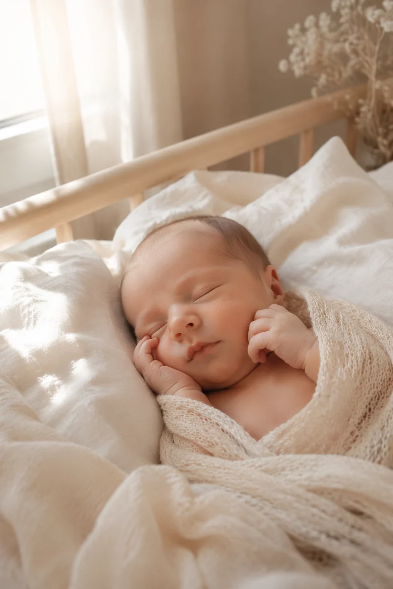 Sleeping Newborn by Sunlit Bedroom Window