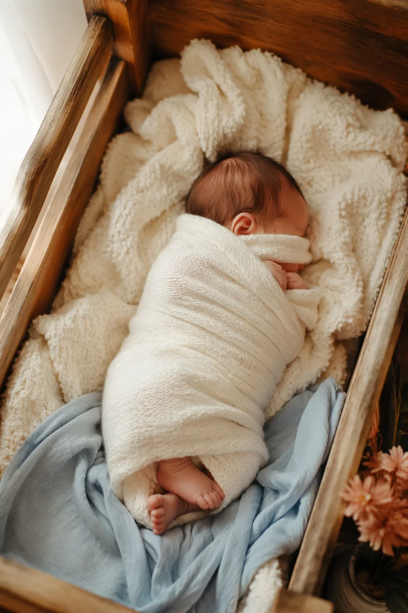 Peaceful Newborn Sleeping in Wooden Cradle