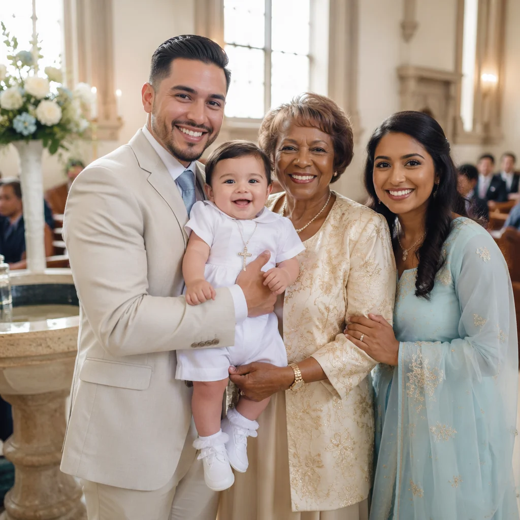 Joyful Child Baptism Family Portrait in Church