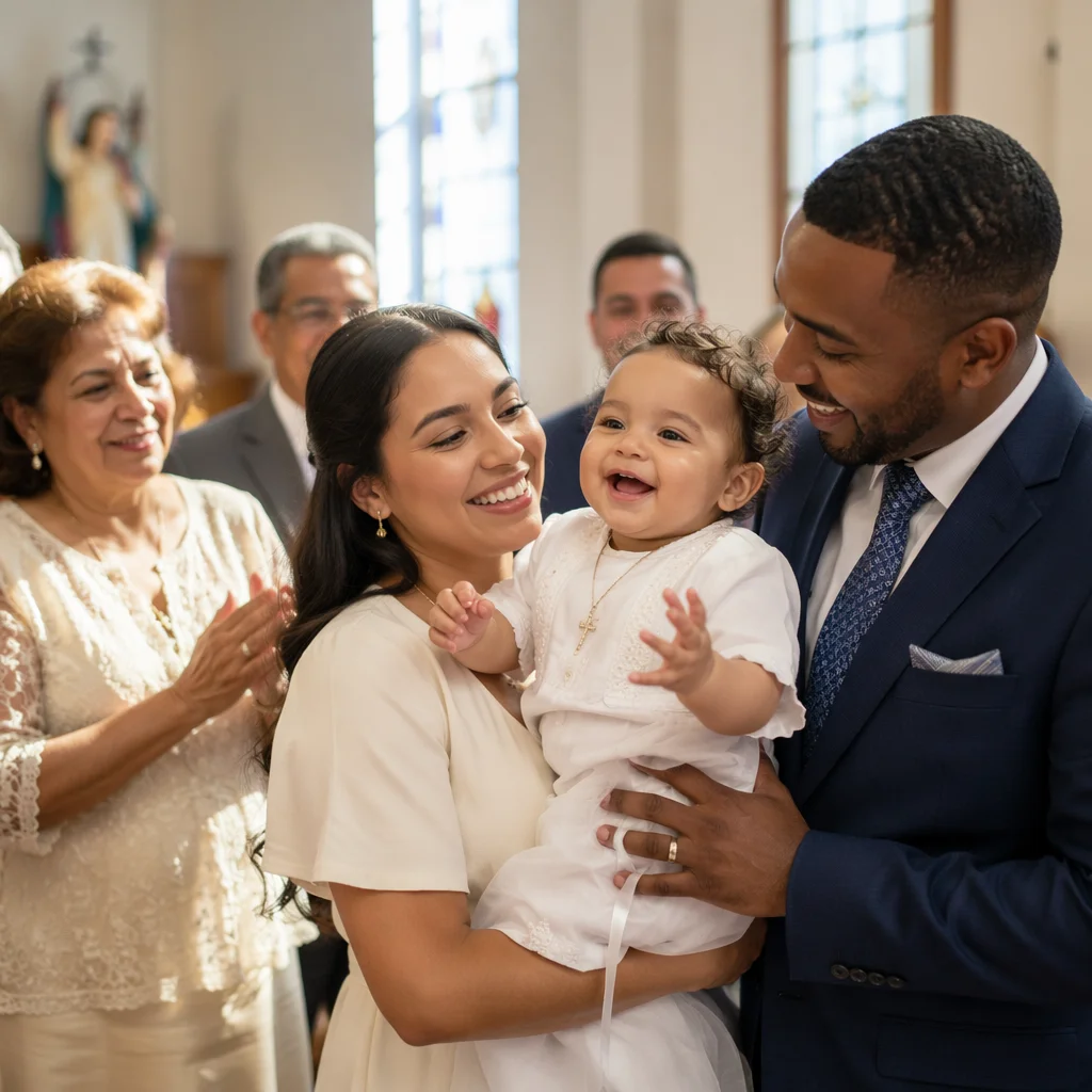 Smiling Toddler After Baptism With Family