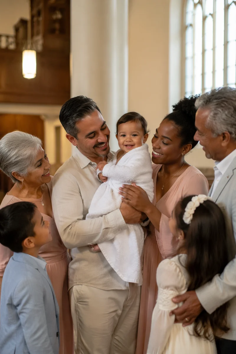 Smiling Toddler with Family in Church Hall